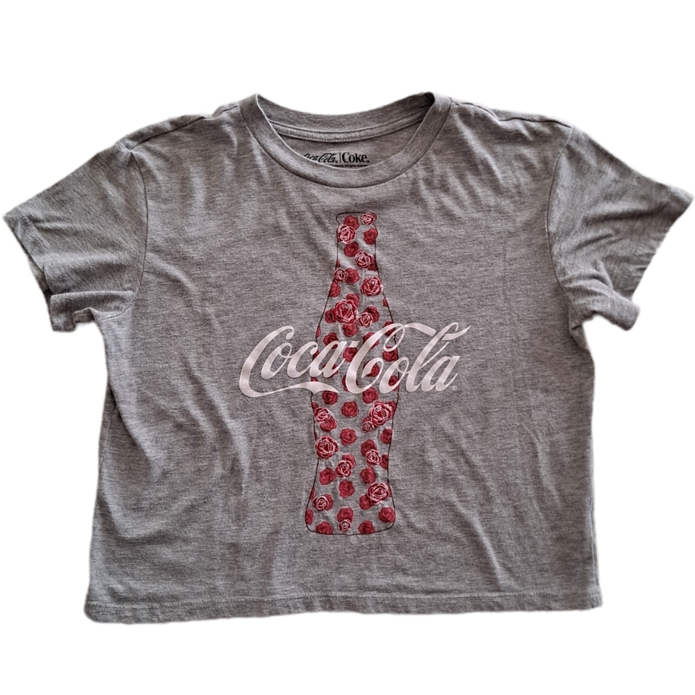 Coca-Cola Coke rosebud grey, red, and white cropped short sleeve top